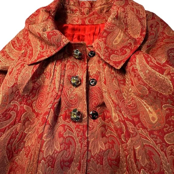 Custom Red Gold Paisley Brocade Jacket Womens Small Blazer Wide Collar Victorian - Picture 3 of 14